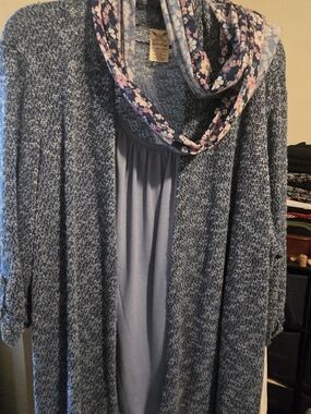Faded Glory Blue Knit Open Cardigan with Floral Scarf